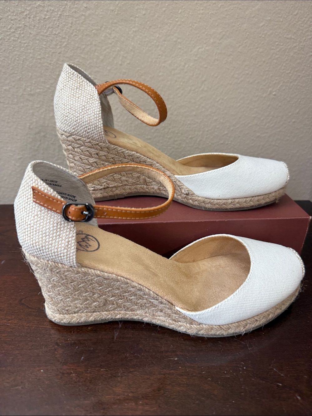White Mountain White Canvas Espadrille Wedges with Tan Ankle Strap